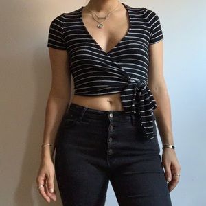 B&W Striped Cropped Wrap Top
